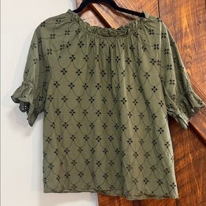 LOFT Green Blouse with Eyelet Pattern